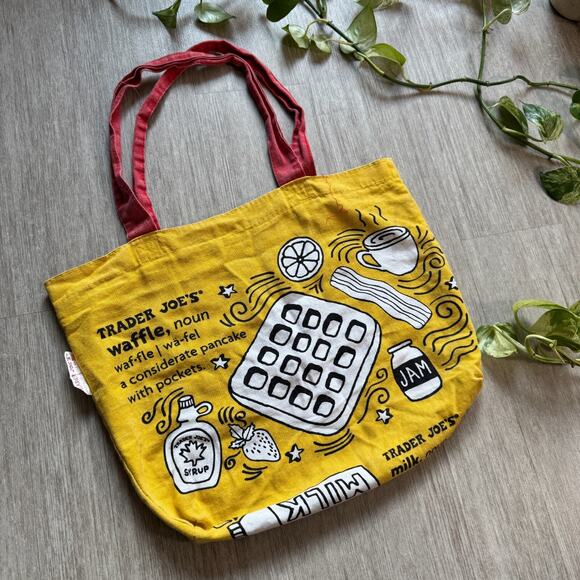 Trader Joe's Handbags - Trader Joes Cotton Canvas Reusable Yellow Shopping Bag Waffle Toast Milk Tote
